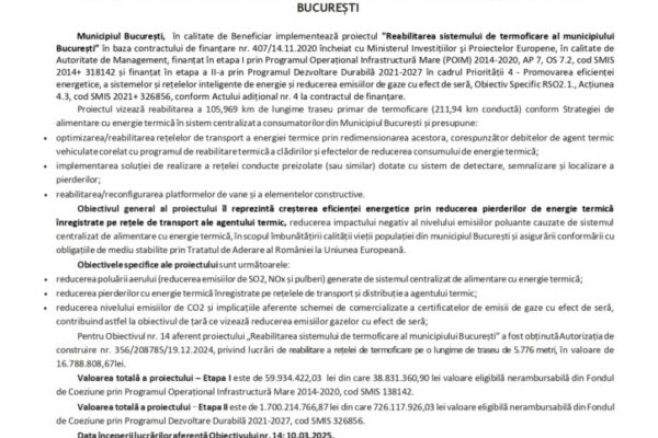 „REABILITAREA SISTEMULUI DE TERMOFICARE AL MUNICIPIULUI BUCUREȘTI” LOTUL 5, OBIECTIVUL 14, REABILITAREA REȚELEI DE TERMOFICARE AFERENTE MAGISTRALEI V GROZĂVEȘTI, ÎNTRE CĂMINELE CP3 (str. Căpitan Ion Gârbea) – CD3(str. Dumbrava Nouă), SECTORUL 5,