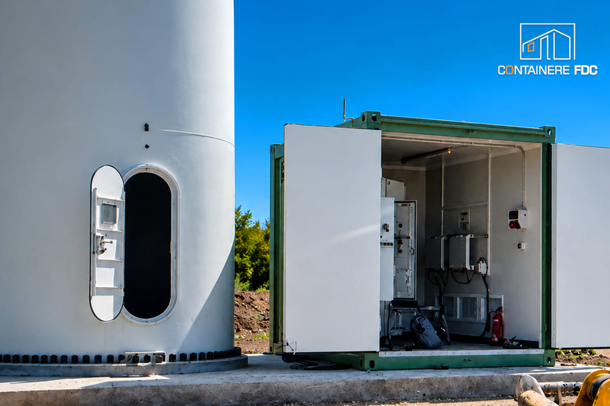 Container tehnic echipat lângă turbină eoliană, energie regenerabilă