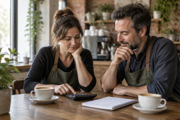 Doi proprietari de cafenea discută la o masă de colț, cu cafele și un calculator, într-o dimineață luminoasă